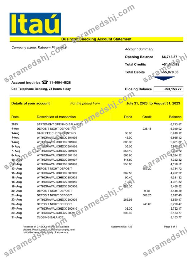 Bank Itaú enterprise account statement Word and PDF template